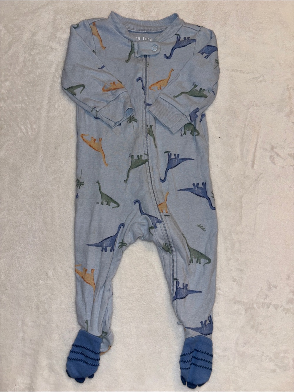 (2 for$10) Carter's Light Blue Dinosaur Print Footed One-Piece zip up footie